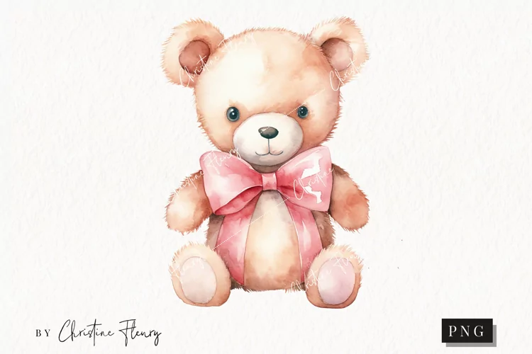 Watercolor Pink Teddy Bear Clipart | Valentines Clipart