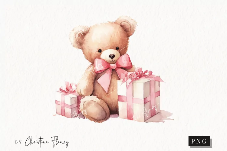 Watercolor Pink Teddy Bear With Gifts Clipart | Valentines