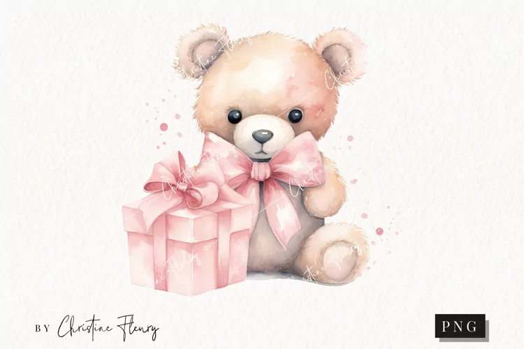 Watercolor Pink Teddy Bear With Gift Clipart | Valentines
