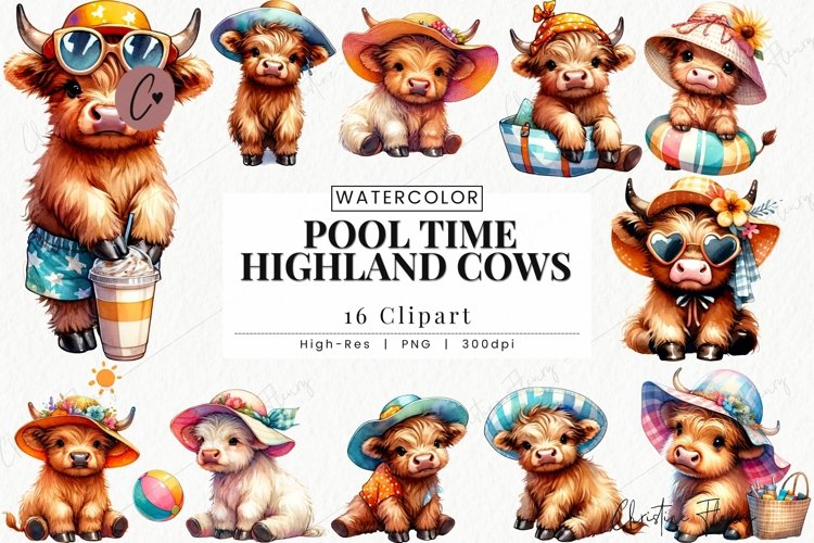 Pool Time Highland Cow Clipart | Summer PNG