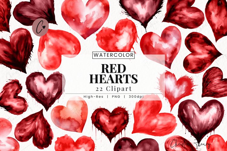 Watercolor Red Hearts Clipart | Valentine PNG example image 1