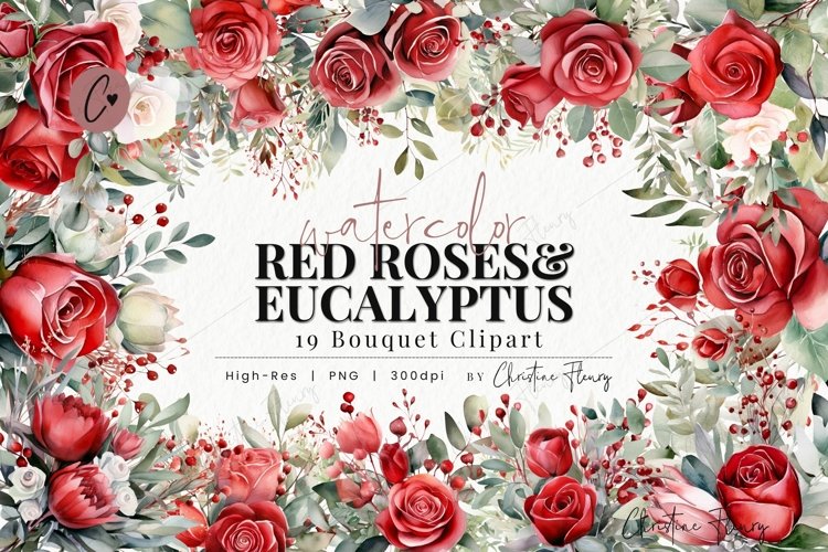 Watercolor Red Roses & Eucalyptus Bouquet Clipart example image 1