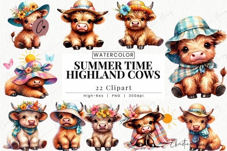 Summer Time Highland Cow Clipart | Summer PNG example image 1