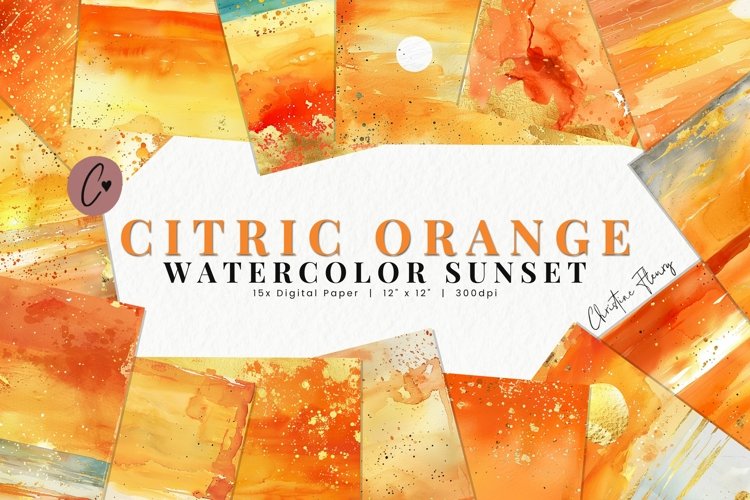 Citric Orange Watercolor Sunset Digital Paper example image 1