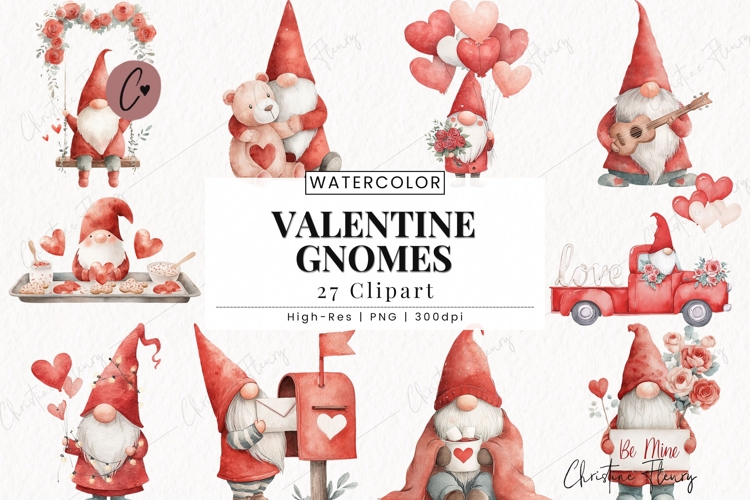 Watercolor Valentine Gnomes Clipart Bundle
