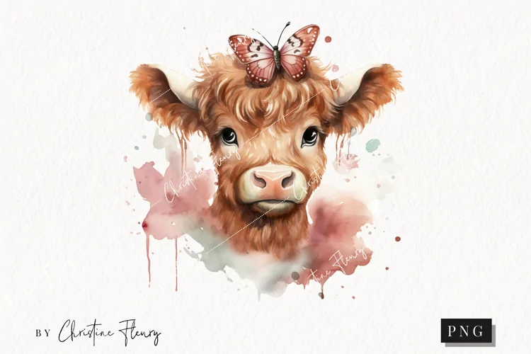 Watercolor Highland Cow with Butterfly PNG | Spring Clipart