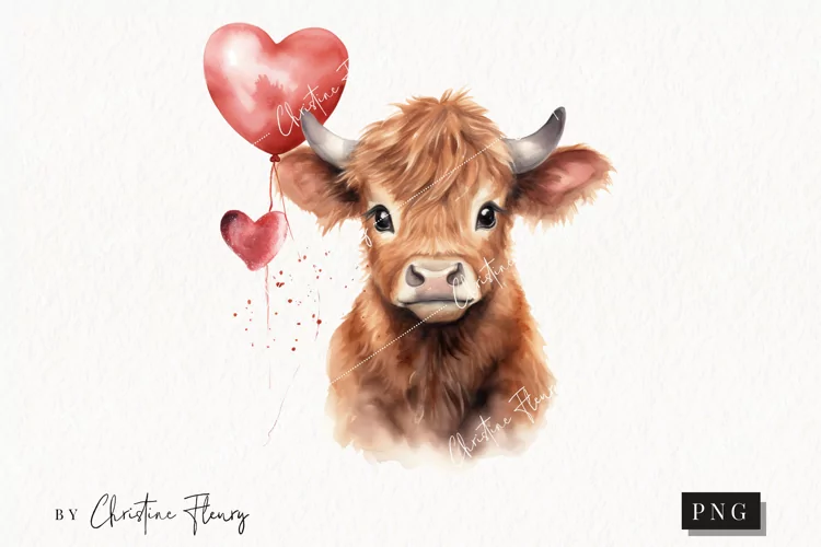Watercolor Highland Cow Heart Balloon PNG | Valentine's Day