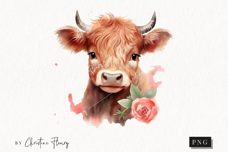 Watercolor Highland Cow PNG | Valentine PNG