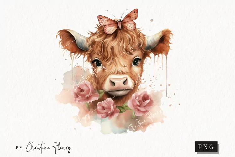 Watercolor Highland Cow with Butterfly PNG | Spring Clipart