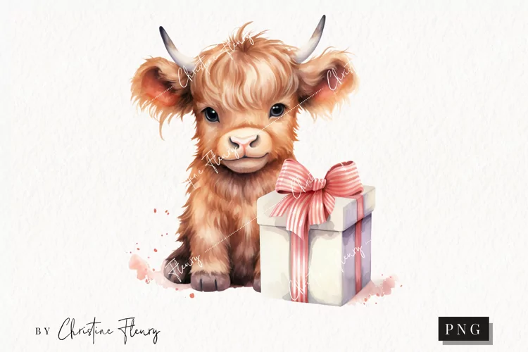 Watercolor Birthday Highland Cow PNG | Valentine's Day PNG