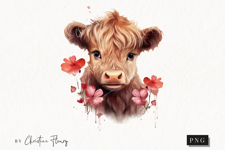 Watercolor Spring Flower Highland Cow PNG | Spring PNG