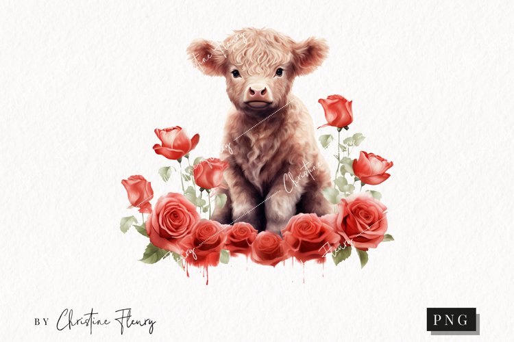 Watercolor Roses Highland Cow PNG | Valentine PNG