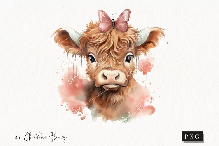 Watercolor Highland Cow with Butterfly PNG | Spring Clipart