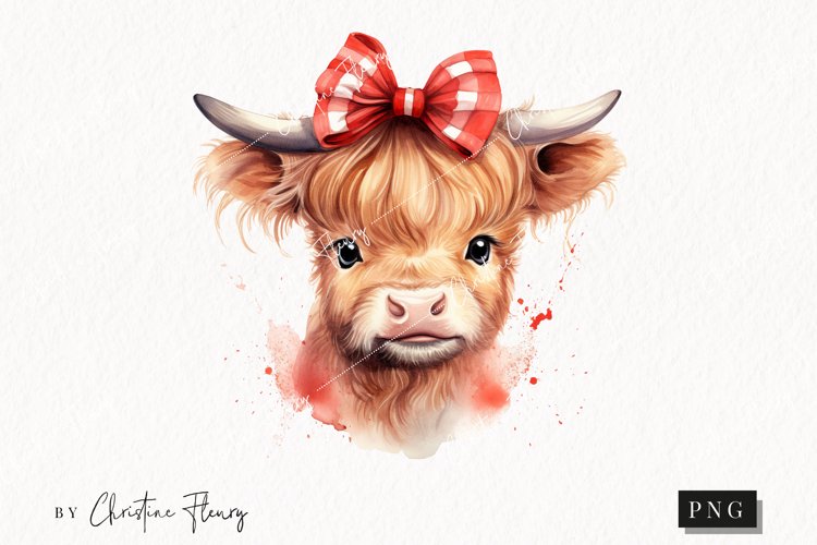 Watercolor Highland Cow Bow PNG | Valentine's Day Clipart example image 1
