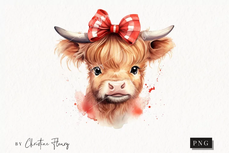 Watercolor Highland Cow Bow PNG | Valentine's Day Clipart