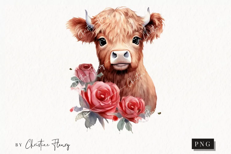 Watercolor Highland Cow PNG | Valentine's Day Clipart