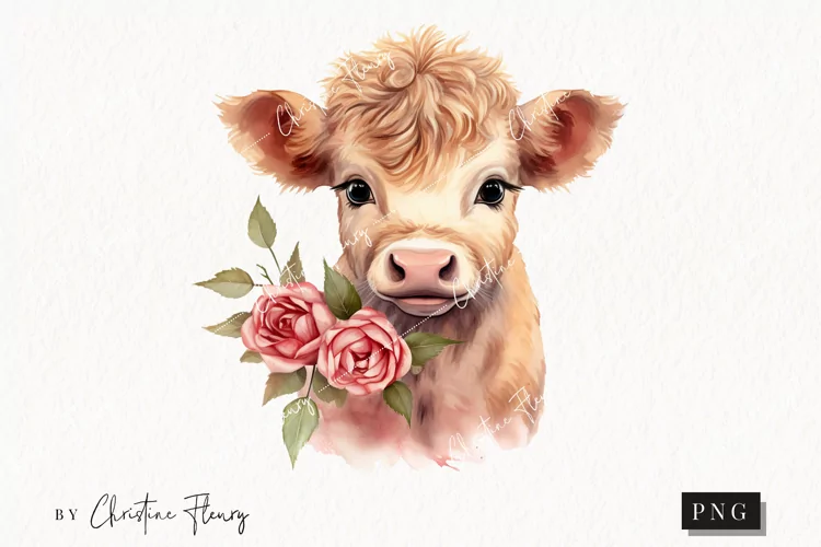 Watercolor Highland Cow PNG | Valentine's Day Clipart