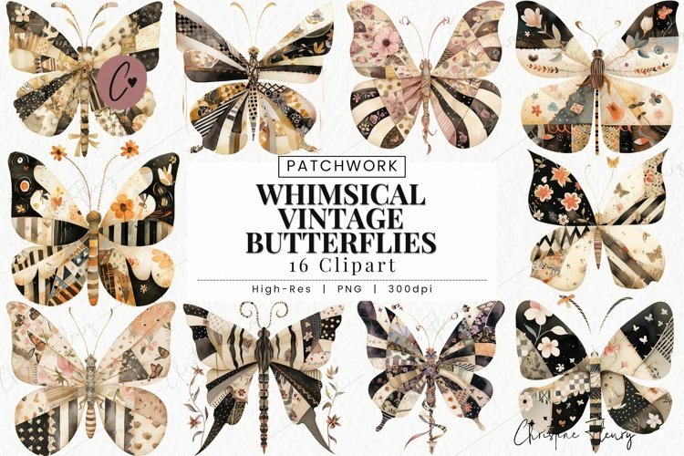 Patchwork Butterflies Clipart | Vintage PNG example image 1