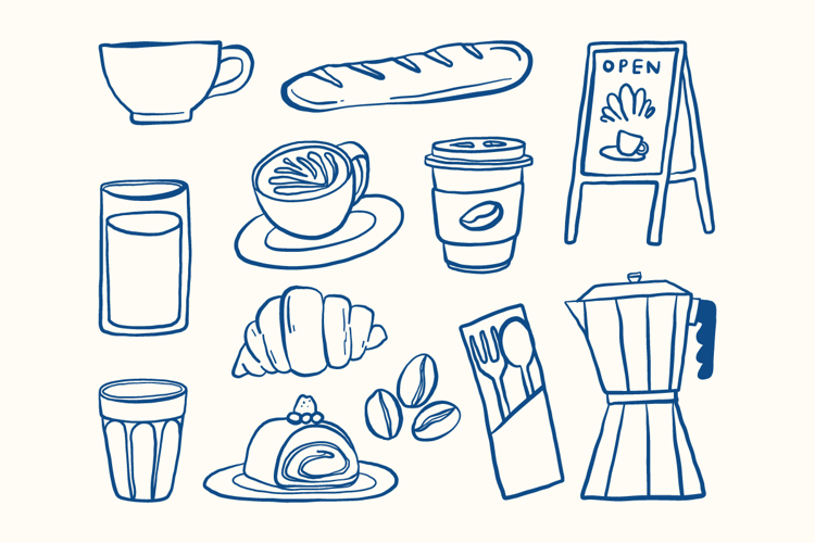 Cafe Coffee Doodle SVG Clipart Set Line Art Bakery