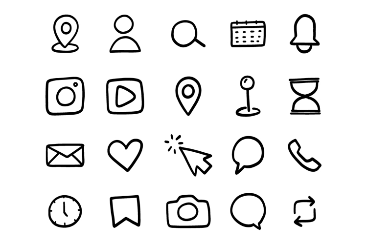 Hand Drawn Doodle UI App Interface Icon Set Pack