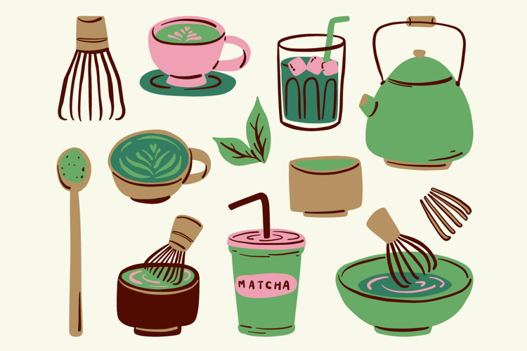 Hand Drawn Matcha Tea Doodle Elements Set Pack