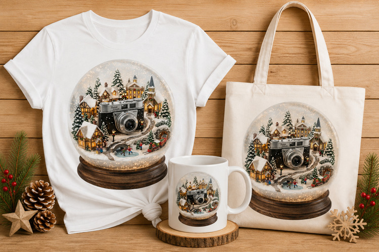 Vintage Camera Winter Village Snow Globe Christmas Decor