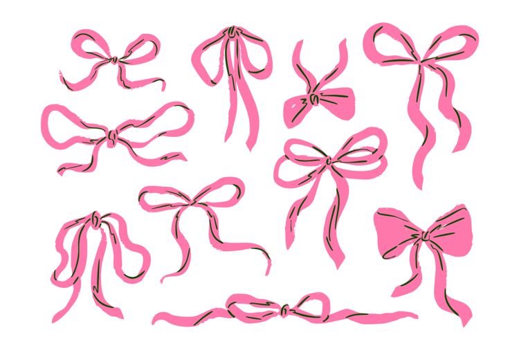 Hand Drawn Pink Ribbon Bow Doodle Set Decorative Feminine