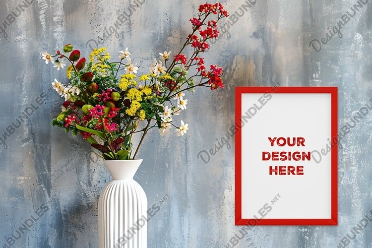 Frame mockup on grunge industrial wall with vase and flowers example image 1