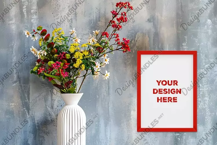 Frame mockup on grunge industrial wall with vase and flowers