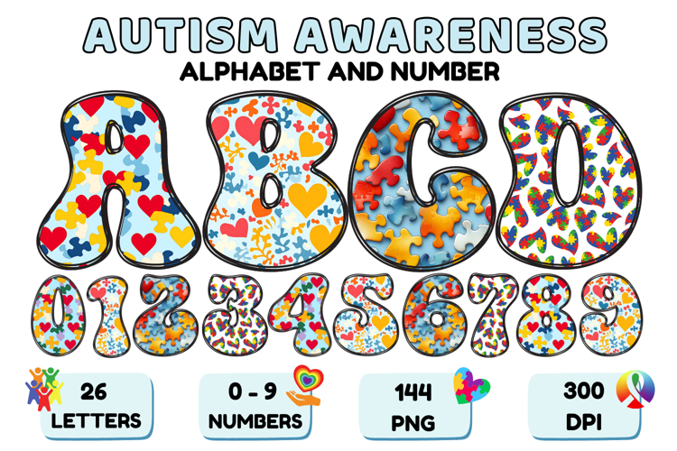 Autism Awareness Doodle Letters Love Puzzle Alphabet PNG