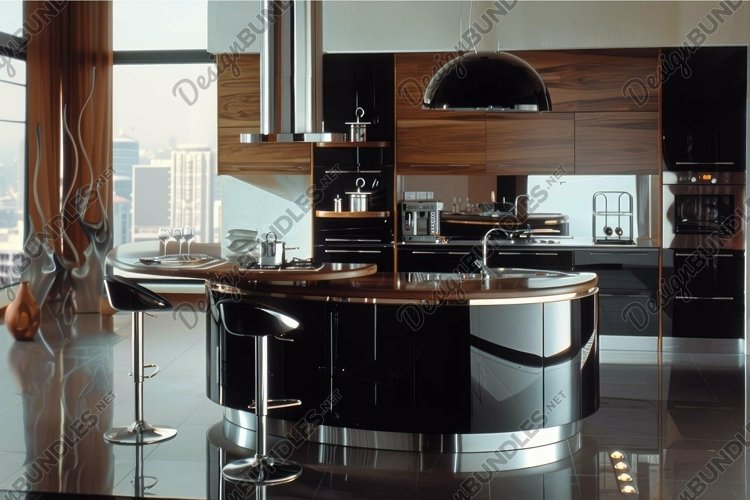 Modern luxury kitchen interior with city view