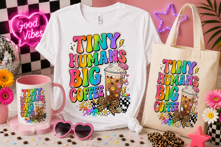 Tiny Humans Big Coffee PNG Retro Rainbow Mom Quote Design
