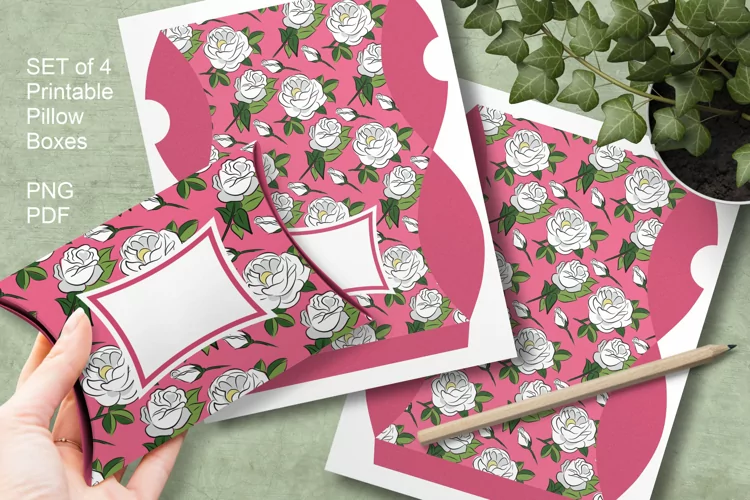 Pink Roses Printable Pillow Boxes for Small Favors Set of 4