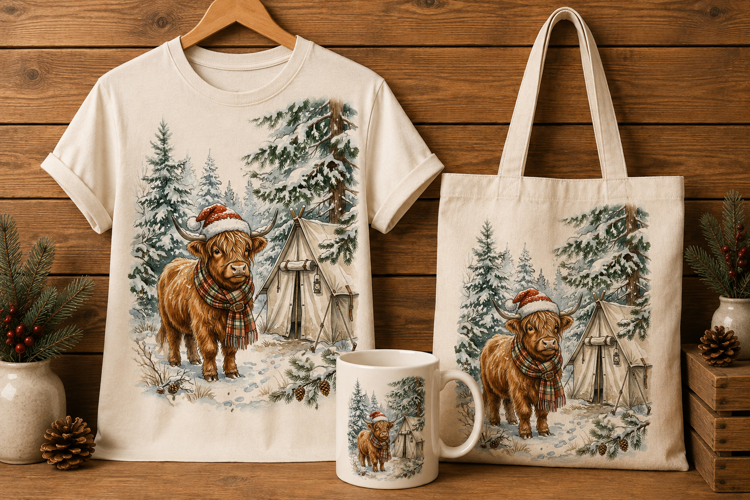 Christmas Highland Cow Camping Winter Tent Watercolor Art