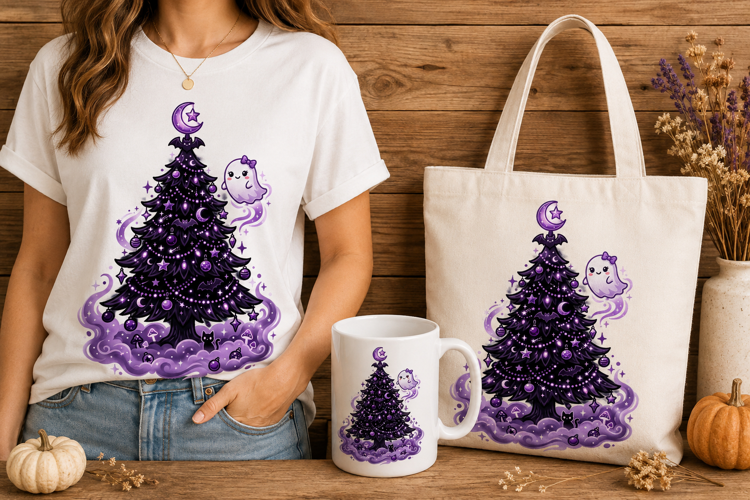 Purple Gothic Christmas Tree Kawaii Ghost Goth Holiday Art