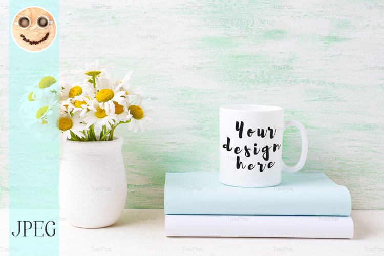 White coffee mug mockup with white field chamomile bouquet example image 1