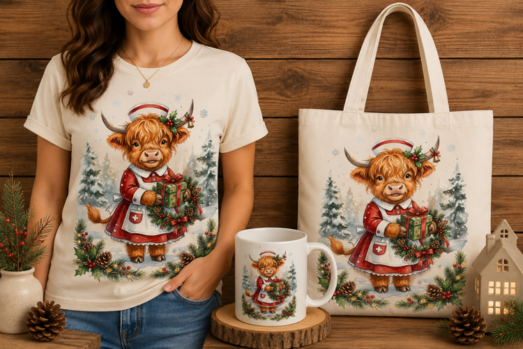 Highland Cow Christmas Nurse Gift Box Wreath Art