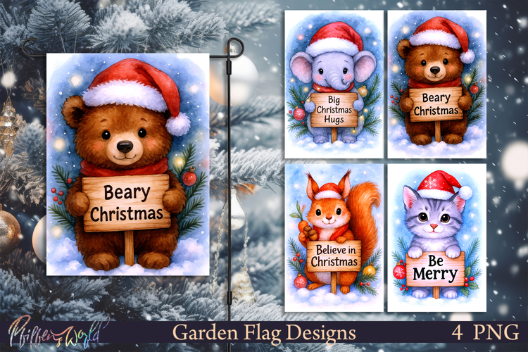 Christmas Garden Flags | Cute Animals | Bear and Cat