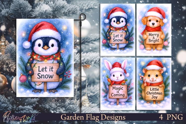 Christmas Garden Flags | Cute Animals | Dog and penguin