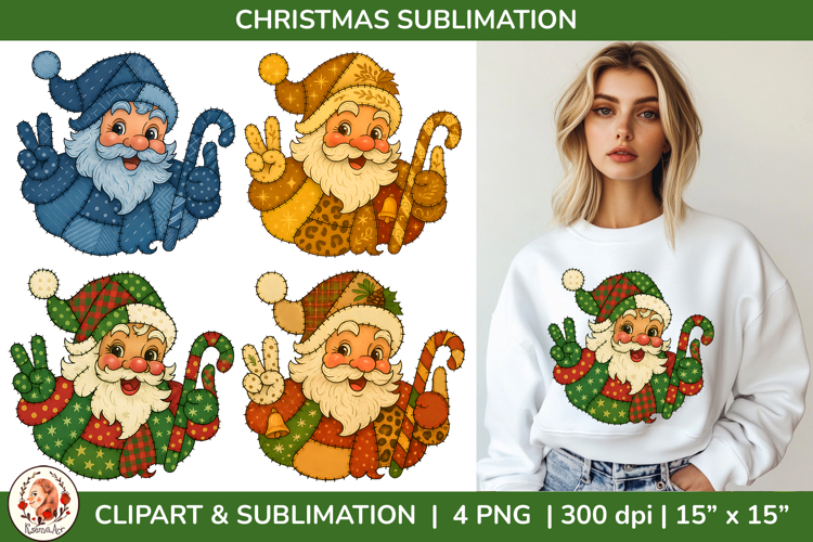 Patchwork Santa Sublimation | 4 Christmas Santa PNG