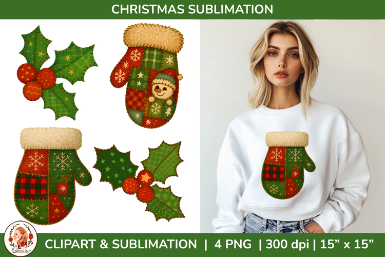 Patchwork Christmas Mittens & Holly Clipart