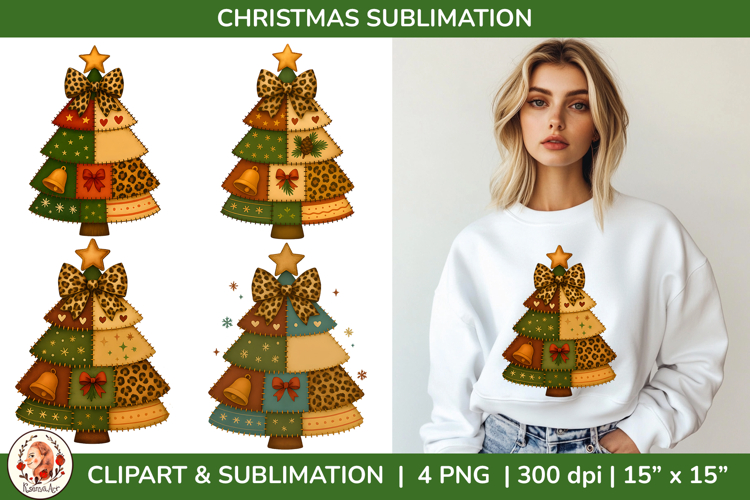 Patchwork Christmas Tree Sublimation, Cozy Holiday Clipart