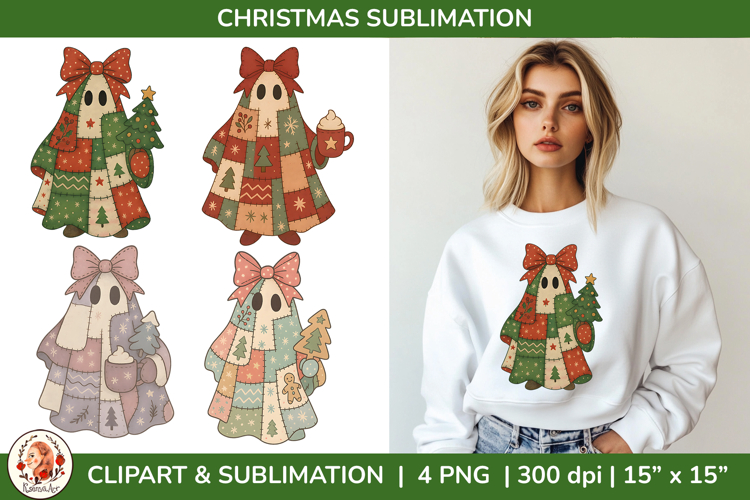 Patchwork Ghost Christmas Sublimation PNG