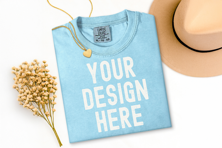 Comfort Colors C1717 Chambray Shirt Mockup, Flat Lay Mockup