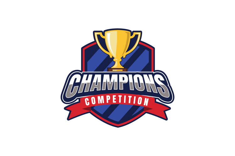 Champions league logo badge featuring trophy with ribbons