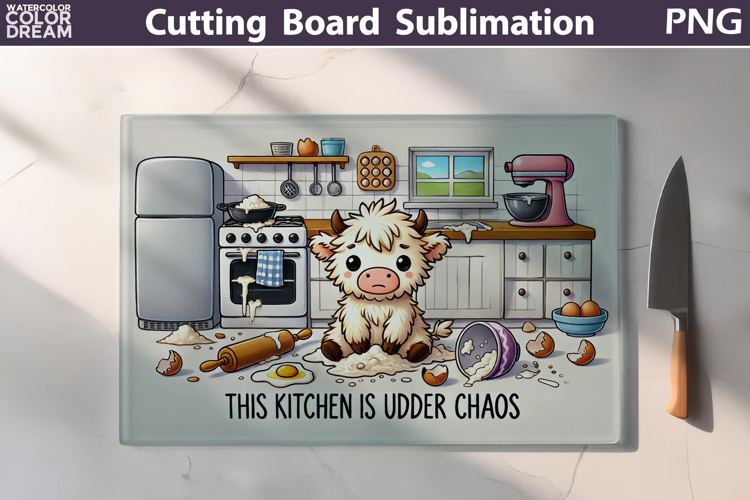 Funny Highland Cow Cutting Board | This Kitchen Udder Chaos