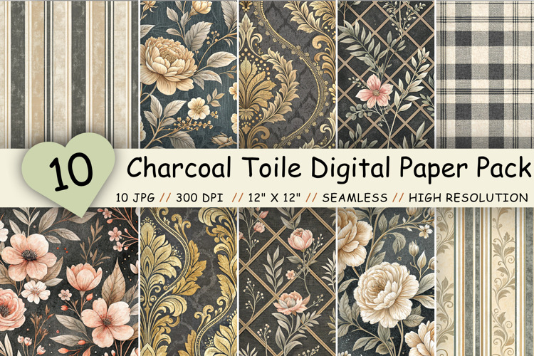 Charcoal Toile Digital Paper Pack, Vintage Floral Toile