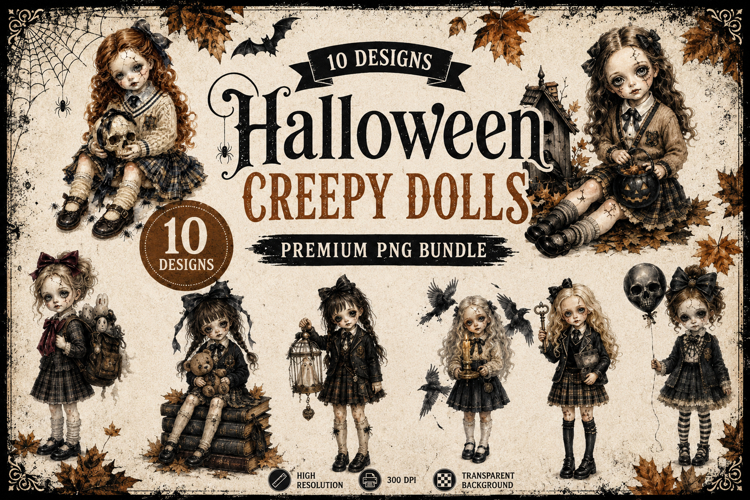 Schoolgirl Creepy Doll clipart Gothic Halloween Bundle