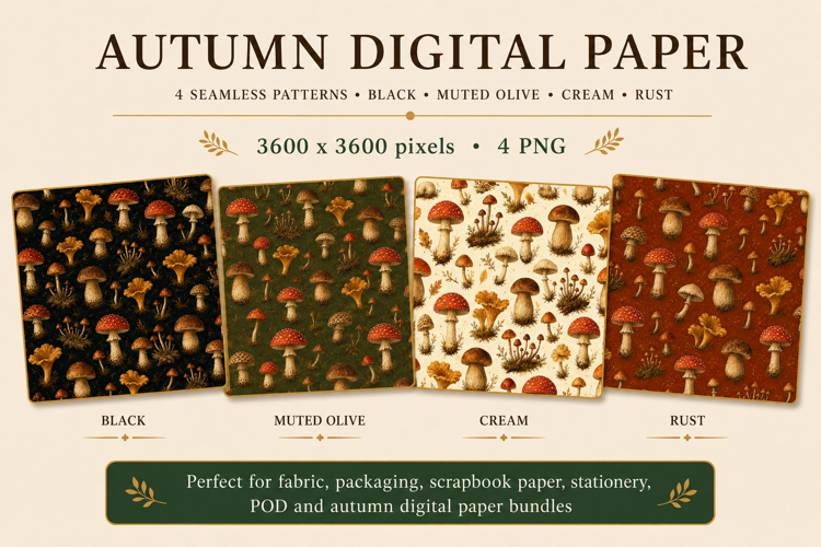 Gilded mushroom digital papers with seamless autumn pattern