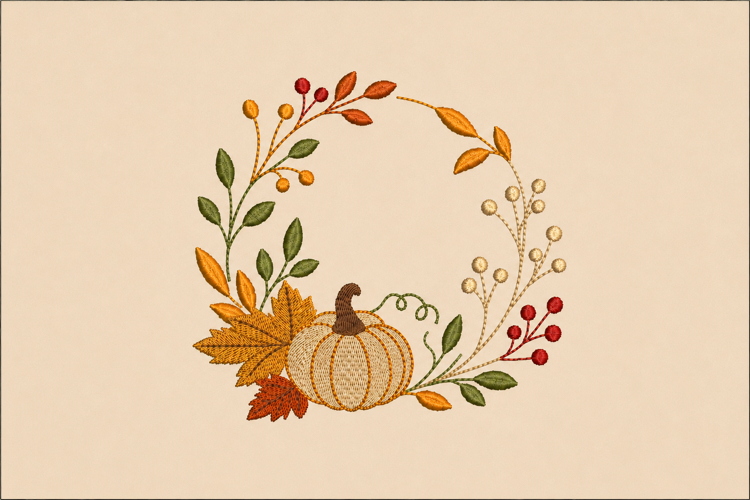 Pumpkin Wreath Embroidery Design Fall Leaves